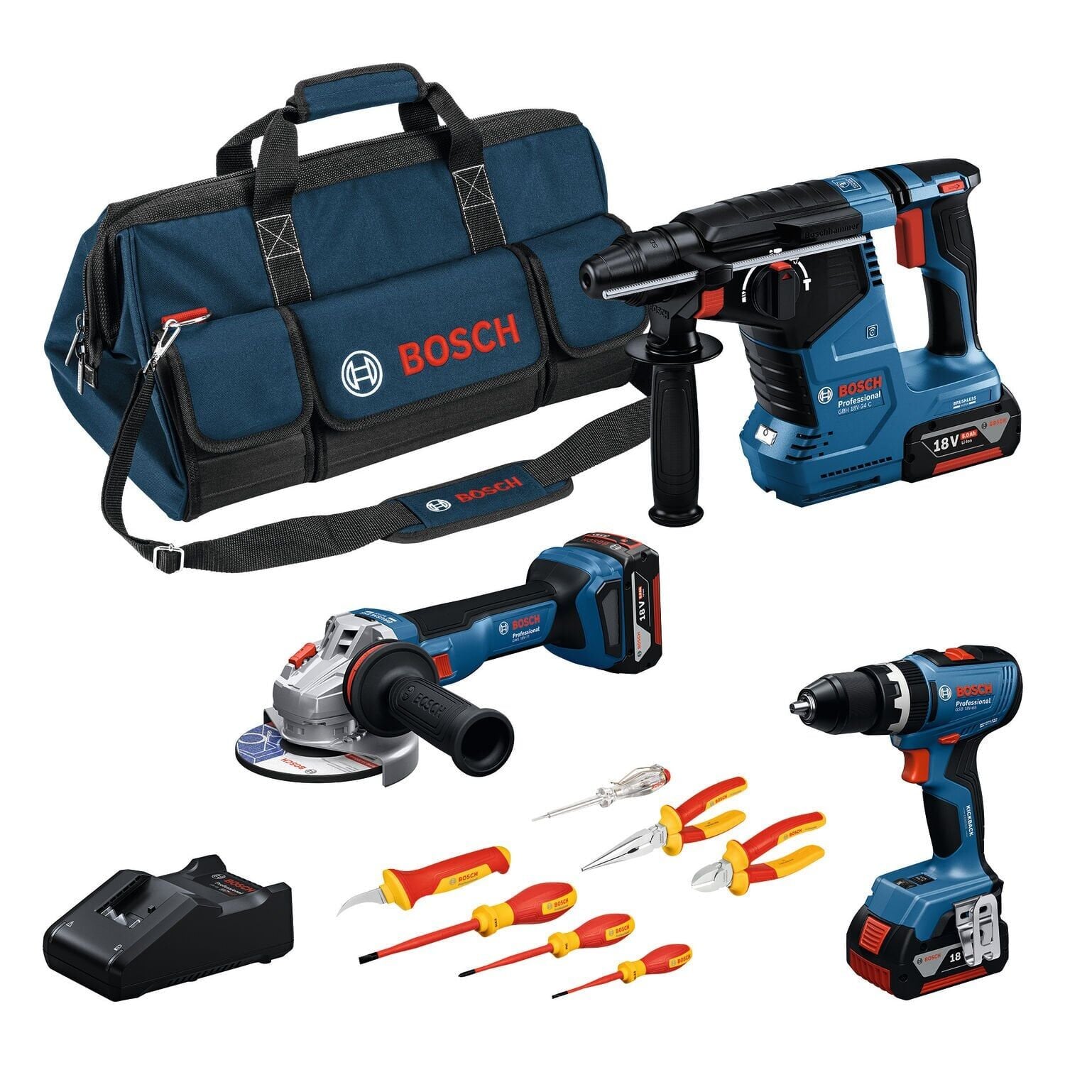 Bosch GBH 18V-24 C + GSB 18V-65 + GWS 18V-11 (3lü Set) + Bez Çanta + 3X5Ah Akülü Set - 0615A5007H