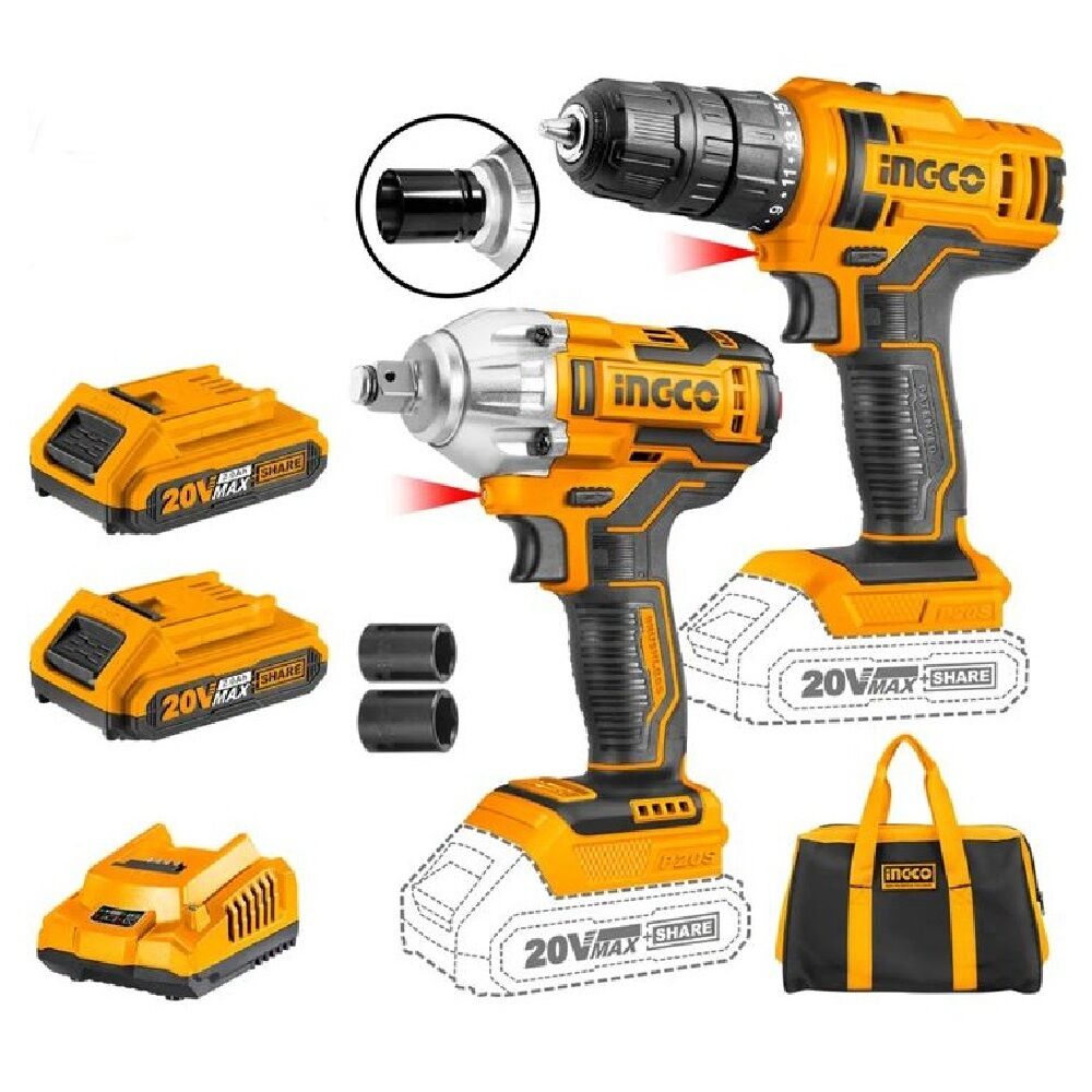 Ingco CKLI2017 2Ah Çift Akülü Kömürsüz Set Akülü Matkap ve Somun Sıkma