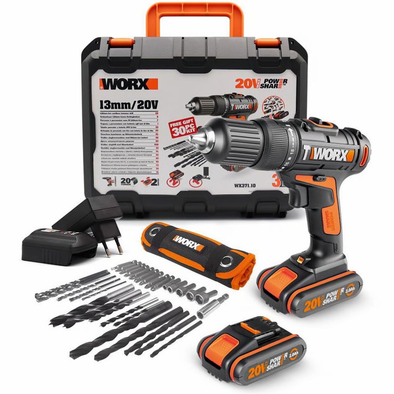 Worx WX371.10 2Ah Çift Akülü Darbeli Matkap + 30 Parça Aksesuar Seti