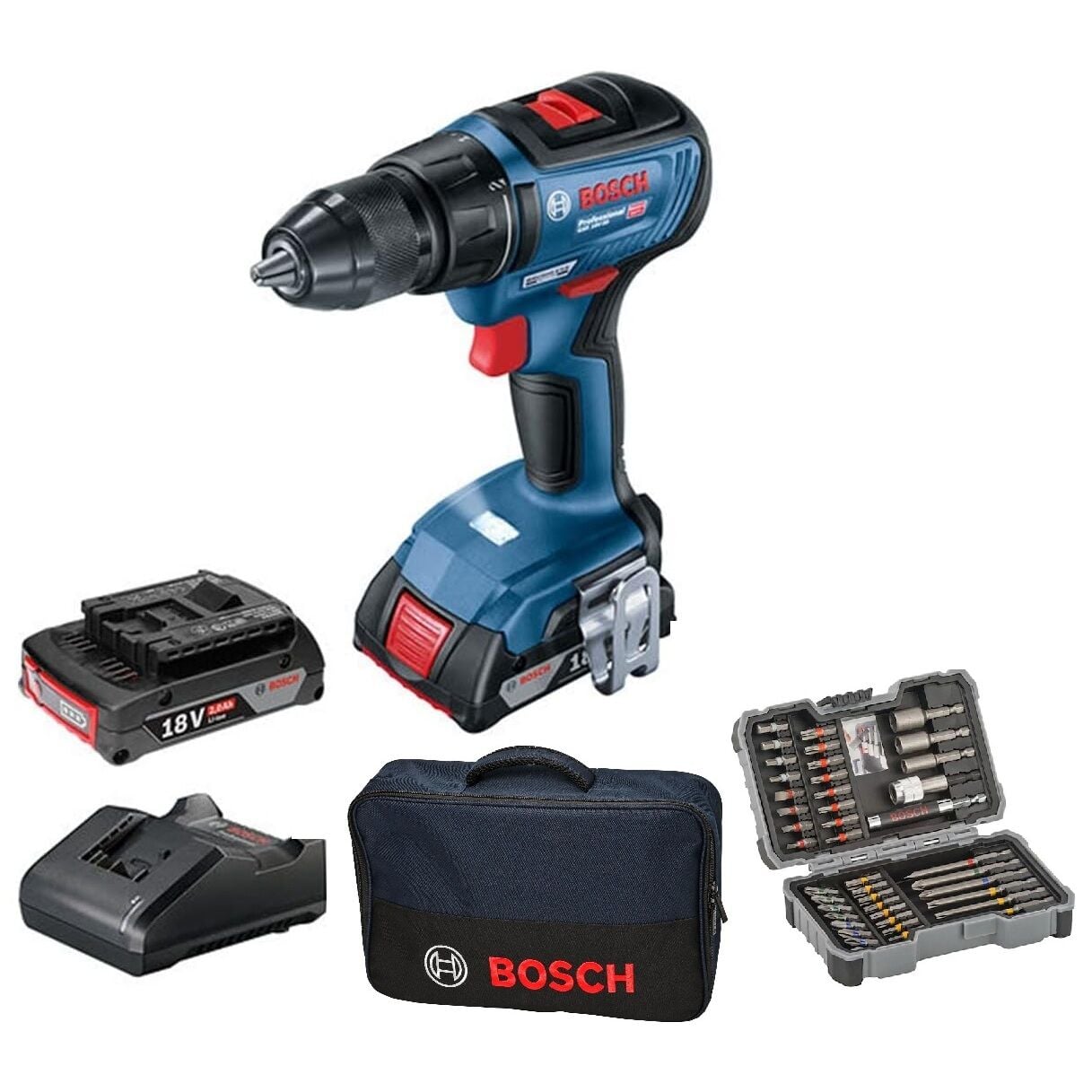 Bosch GSR 18V-50 Professional 2.0Ah Çift Akülü Vidalama + 43 Parça Set - 06019H5004